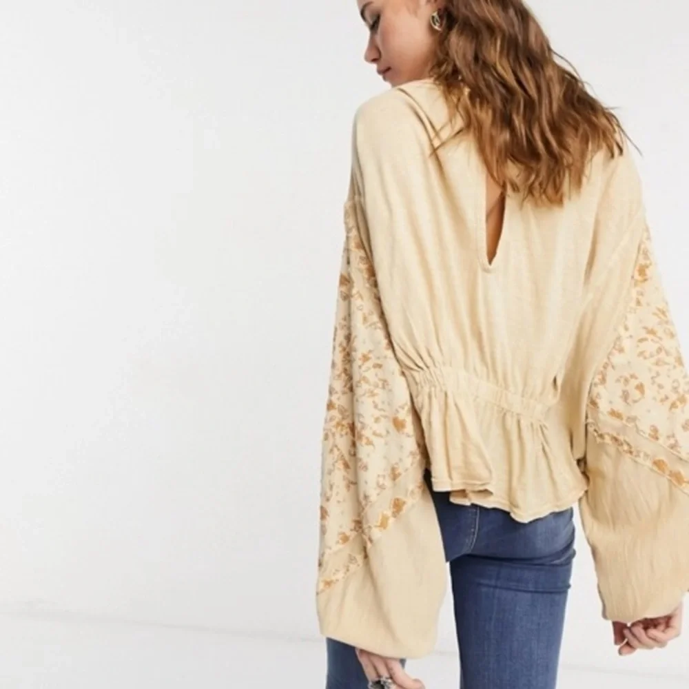 Free People Throwback Embroidered Volume Sleeve Top in Sand Combo Size Medium